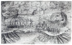 Luta de Hurons, de &39;Voyage de Champlain em 1624&39; por Samuel de Champlain (1567-1635) de French School