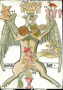 Figura que simboliza o evangelista São Lucas: um touro associado à cidade de Jericó (ou Jerusalém), um cacho de uvas, um profeta, o Cristo do Juízo Final aparece com estrelas e raios de sol, um retrato de um judeu, um cálice. Gravura de "Ars de French School
