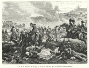 Fim da batalha de Ligny, Blucher derrubado pela carga dos cuirassiers (gravura) de French School