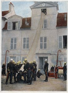 Bombeiros de Paris. O resgate vem primeiro. A escalada para chegar perto dos desastres é feita imediatamente por meio dos ganchos, dos nós da cadeira ou do saco salva-vidas montado pelo gerente da bomba e pelo primeiro criado. Os sapadores abaixo suportam  de French School