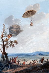 Primeiro homem a descer em um pára-quedas, 22 de outubro de 1797, no Parc Monceau, Paris, c.1797 de French School