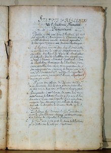 Primeira página dos estatutos da Academia Francesa, 1635 (tinta sobre papel) (ver também 179947) de French School