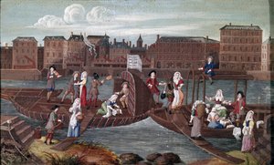 Peixe e alfazema nas costas. Detalhe nas costas mostrando o lazer dos lavanjeiros comendo, conversando com outros artesãos (porta-água, engraxador) e dançando em um barco no Sena. Pintura da escola francesa do século XVII de French School