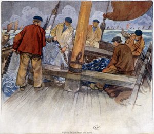 Pescadores a esvaziar uma rede a bordo de French School
