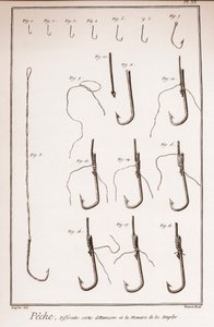 Pesca - anzol, anzol - Pesca - diferentes tipos de hamecons - "The Great Encyclopedie, ou Dictionnaire Raisonne des Sciences, des Arts et des Metiers" (Enciclopédia ou Dicionário das Ciências, Artes e Profissões) por Denis Diderot (1713-17 de French School