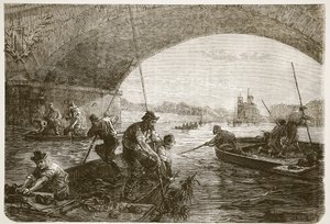 Pesca de armas no Sena, ilustração de Cassells História da Guerra entre França e Alemanha, 1870-1871 de French School