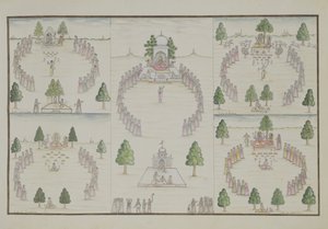 Cinco Cultos Hindus: Shiva, Krishna, Vishnu, Brahma e Deusa Mãe do Álbum Gentil, publicado em 1774 de French School