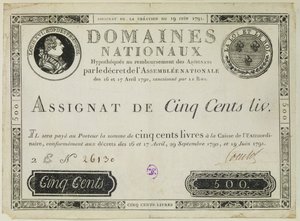 Nota de 500 francos, 19 de junho de 1791 de French School