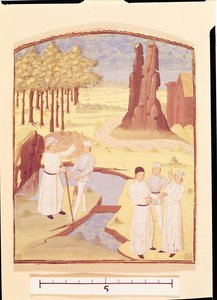 Cinco pessoas discutindo design de jardins, do Livre des Prouffitz Champestres de Pietro de Crescenzi (1230-132021) de French School
