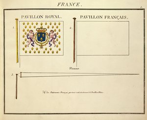 Bandeira de Luís XVIII e Carlos X, reis da França, de Pavillons des Puissances Maritimes (gravura a cores) de French School