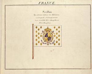 Bandeira do Dauphin e Dauphine, Louis-Antoine e Marie-Therese da França, de Pavillons des Puissances Maritimes, c.1815-30 (gravura a cores) de French School