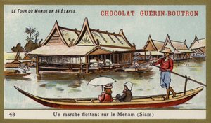 Mercado flutuante no rio Menam, Sião (chromolitho) de French School