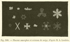 Flocos amorfos e cristais de neve (gravura) de French School