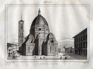 Catedral de Florença - Vista da Catedral de Florença (Duomo Santa Maria del Fiore). A cúpula foi feita por Filippo Brunelleschi por volta de 1420-1436, Florença, Itália - Gravura de "Itália Pitoresca" - Tabela Histórica e Descritiva da Itália" por M. de de French School