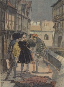 O ourives e escultor florentino Benvenuto Cellini cercado e ameaçado por um grupo de homens (litografia a cores) de French School