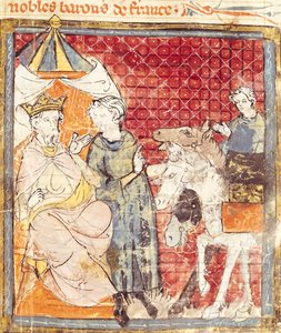 Fol.133r Roland se despede de Carlos Magno (742-814), Grandes Crônicas da França, 1375-79 de French School
