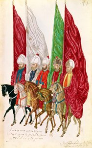 Fol.41 Homens com Padrões Seguindo o Senhor para a Guerra, a partir dos costumes e trajes e fatos de países diferentes "do Leste", cópia de um original de 1513 de French School