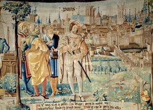 Fondation de la ville de Paris. O rei Francisco I (1494-1547) decidiu estabelecer a sua capital permanente em Paris quando regressou de cativeiro em 1527. Tapeçaria de "A fabulosa história dos Gauleses", feita pela oficina de Arras. 1530 Beauvais, partida de French School
