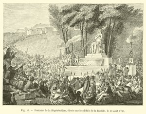 Fonte da Regeneração, erguida sobre os destroços da Bastilha, 10 de agosto de 1792 de French School