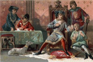 Para distracção, o Rei da França Carlos VI (1368-1422) costumava jogar às cartas. Cromolitografia por volta de 1890. de French School