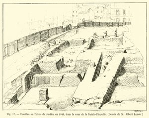 Escavações no Palácio da Justiça em 1848, no pátio da Sainte-Chapelle, desenhando por Albert Lenoir de French School