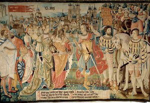 Fundação da cidade de Reims: Remus casou sua filha com o rei Francus, filho de Hector. Tapeçaria de "A fabulosa história dos Gauleses", feita pela oficina de Arras. de French School