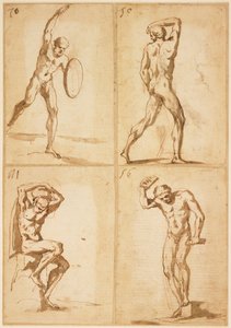 Quatro estudos de nus masculinos (caneta e tinta marrom e lavagem sobre giz vermelho)