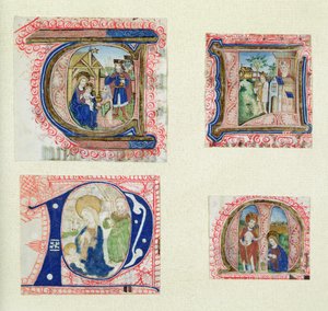 Quatro iniciais historiadas retratando a Adoração dos Magos, o Presépio, Davi e Bate-Seba e Cristo no Jardim de French School