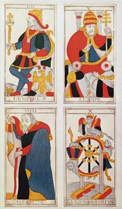 Quatro cartas de tarô representando O Imperador, O Papa, O Eremita e A Roda da Fortuna (gravura em madeira colorida) de French School