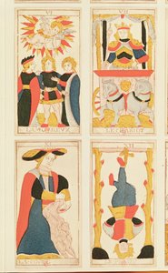 Quatro cartas de tarô representando os amantes, a carruagem, a força e o homem enforcado (gravura em madeira colorida) de French School