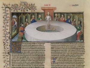 Fr.120 f.524v Os Cavaleiros da Távola Redonda da História de Lancelot, de La Quite de Saint Graal de French School