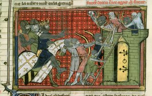 Fr 22495 f.36r Ataque a uma cidade, de Le Roman de Godefroi de Bouillon de French School