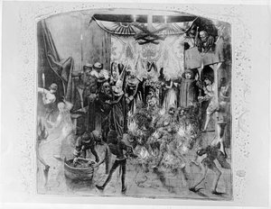 Fr 2646 f.176 Bal des Ardents, Carlos VI (1380-1422) sendo salvo pela duquesa de Berry depois de Luís de Orleans incendiar os figurinos de bailarinos, de Froissarts Chronicle, 1392 (ver também 52 de French School