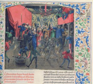 Fr. 2646, f.176 Bal des Ardents, Charles sendo salvo pela duquesa de Berry depois que Luís de Orleans atearam fogo às fantasias de dançarinos de 1392, de Froissarts Chronicle. de French School