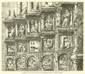 Fragmento dos baixos-relevos do portal da catedral de Sens (gravura) de French School