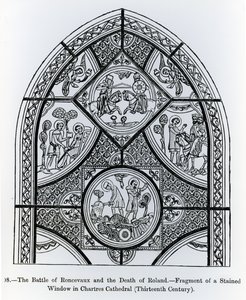 Fragmento de um vitral na Catedral de Chartres, representando a batalha de Ronceveaux e a morte de Roland, ilustração da ciência e literatura na idade média e Renascença, writt