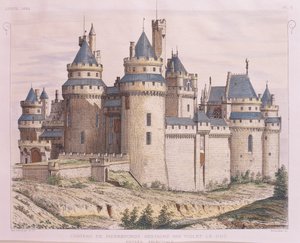 França, Castelo Medieval Pierrefonds, restaurado por Violet le Duc de Moniteur des Architectes, gravura de French School