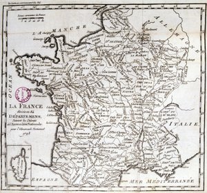 A França dividida em 84 departamentos, na sequência dos decretos da Assembleia Nacional de 1793 de French School