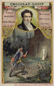 François-Adrien Boieldieu, compositor francês, e uma cena da sua ópera La Dame Blanche (cromolitografia) de French School