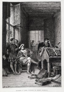 François 1st no estúdio de Robert Estienne - gravura de French School