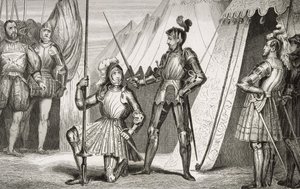 François I (1494-1547), cavaleiro do capitão Bayard após a batalha de Marignano, da "Histoire de France" de Colart, publicado em 1840 de French School