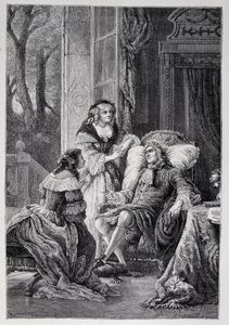 François de la Rochefoucauld (1613-1680) falando com Mademoiselle de Sevigne (Marie de Rabutin-Chantal), Marquise de Sevigne dit Madame de Sevigne (1626-1696) e Marie-Madeleine (Marie Madeleine) Pioche de La Vergne, condessa de Lafayette (Madame de la F de French School