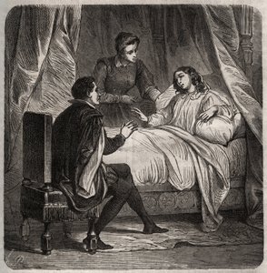 Françoise de Foix, Condessa de Chateaubriant (ca. 1495-1537), doente, recebe Clement des Marets dit Marot (1496-1544), o camareiro de François 1st, na cama. Gravura de 1871 em "Histoire Des Cocus Celebres" de Henry de Kock (1819-1892). de French School