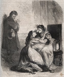 Françoise de Montmorency-Fosseux (Montmorency Fosseux) (1566-1641) pede perdão à Rainha Marguerite de Valois (1553-1615), conhecida como Rainha Margot. Ela é a amante do rei Henrique IV (1553-1610) e está a dar à luz o seu filho de forma apreensiva. de French School