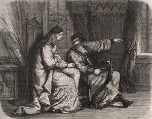 Fredegonde (545-597) confia suas preocupações ao harpista Barbantini porque seu amante Chilperic (então o Rei dos Francos Chilperic I (543-597), não se casou com ele. 565. Gravura de 1871 em "Histoire Des Cocuses Celebres" de Henry de Kock (1819-1892 de French School