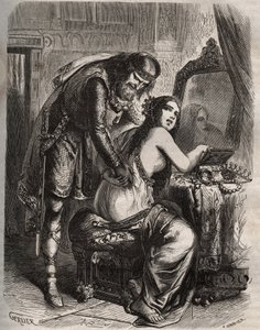 Fredegonde (545-597) leva seu marido, Rei dos Francos Chilperic I (543-597), para seu amante, Landeric. O rei descobre quando sua esposa o trai. Gravura de 1871 em "Histoire Des Cocuses Celebres" de Henry de Kock (1819-1892). de French School