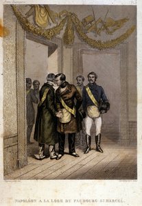 Que se lixe: Napoleão Joseph Charles Paul Bonaparte, apelidado de Príncipe Jerônimo ou Plonplon sendo identificado na entrada do Templo de Faubourg Saint Marcel. Gravura do "Pitoresco Histoire de la Franc Maconnerie et des Societes Secretes Antique". de French School