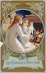 Postal de Natal francês que mostra raparigas com uma vela na véspera de Natal de French School