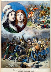 Revolução Francesa - As heroínas francesas: as irmãs Felicite (1770-1841) e Teófilo (1875-1819) de Fernig, que lutou vestida de homem contra os austríacos para ver o pai em 1792 - ilustração do "Le Petit Journal" de 7 de Agosto de 1894 de French School