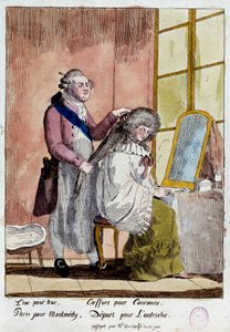 Revolução Francesa: Cartoon sobre a fuga da família real para Varenne em 20 e 21/06/1791: O Rei Luís XVI, ao estilo da Rainha Maria Antonieta, deveria partir com o passaporte falso de governanta dos filhos da Baronesa de Korff. Cor anónima de French School